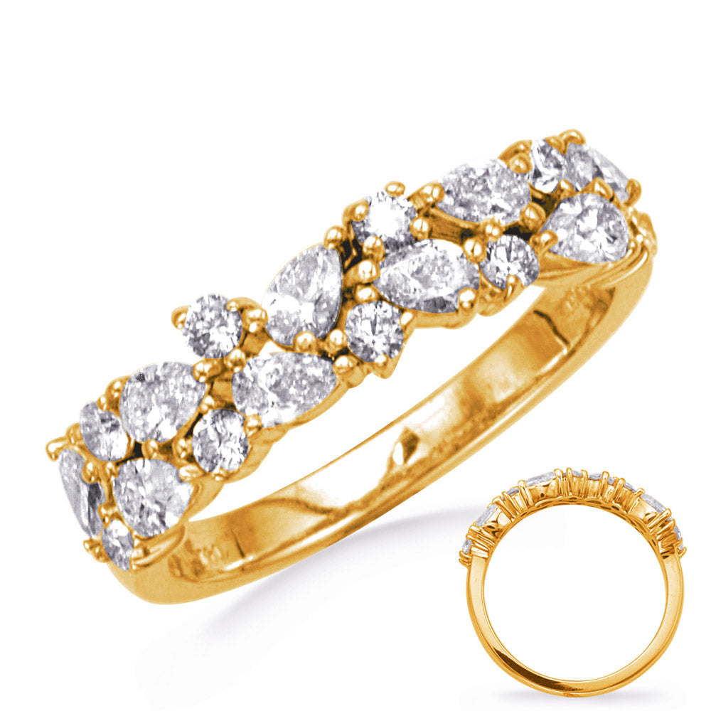 This Band is available in 14K Yellow Gold. There are a total of 18 stones. There are Pear Shape with a total carat weight of 0.75 set in a Prong Set setting.There are Round stones with a total carat weight of 0.31 set in a Prong Set.