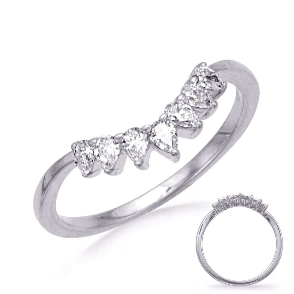 This Band is available in 14K White Gold. There are a total of 7 stones. There are Pear Shape with a total carat weight of 0.35 set in a Prong Set setting.