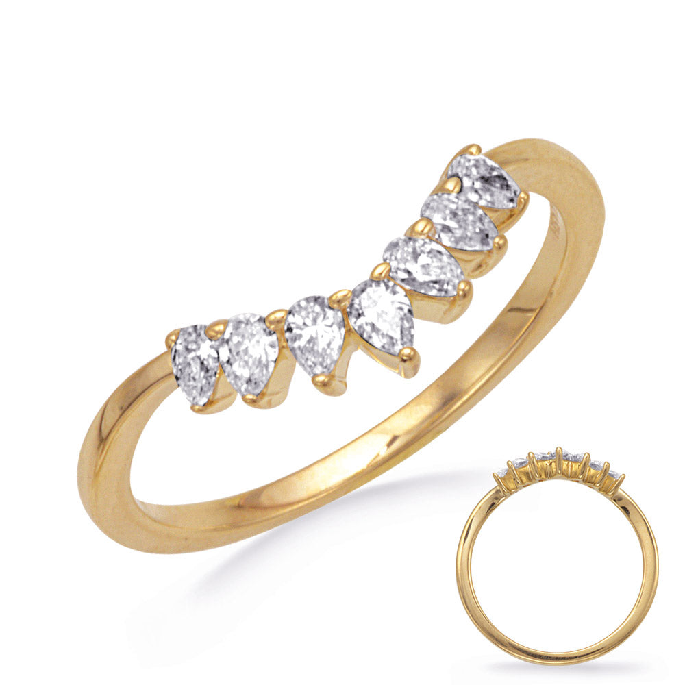 This Band is available in 14K Yellow Gold. There are a total of 7 stones. There are Pear Shape with a total carat weight of 0.35 set in a Prong Set setting.