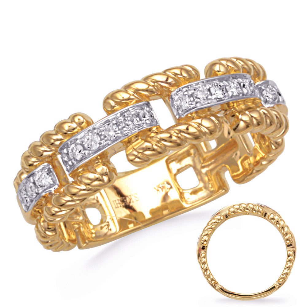 This Fashion Ring is available in 14K Yellow Gold. There are a total of 18 stones. There are Rounds with a total carat weight of 0.21 set in a Micro Prong setting.