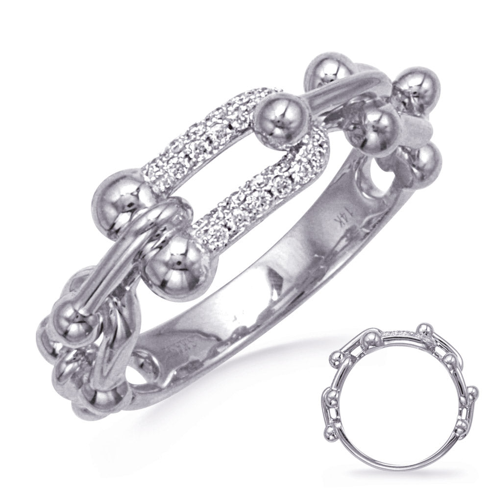 This Fashion Ring is available in 14K White Gold. There are a total of 22 stones. There are Rounds with a total carat weight of 0.13 set in a Micro Prong setting.