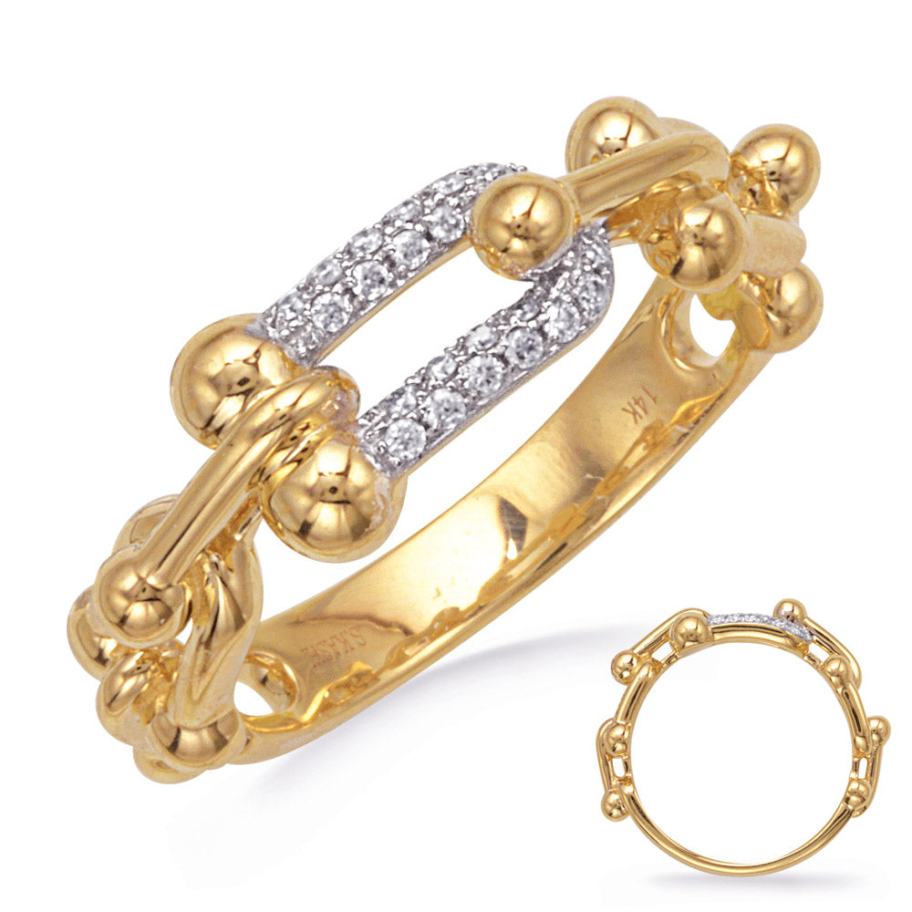 This Fashion Ring is available in 14K Yellow Gold. There are a total of 22 stones. There are Rounds with a total carat weight of 0.13 set in a Micro Prong setting.