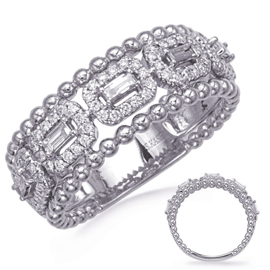 This Fashion Ring is available in 14K White Gold. There are a total of 75 stones. There are Baguette with a total carat weight of 0.21 set in a Micro Prong setting.There are Rounds stones with a total carat weight of 0.33 set in a Micro Prong.
