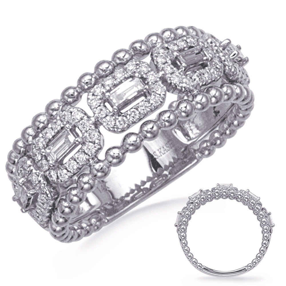 This Fashion Ring is available in 14K White Gold. There are a total of 75 stones. There are Baguette with a total carat weight of 0.21 set in a Micro Prong setting.There are Rounds stones with a total carat weight of 0.33 set in a Micro Prong.