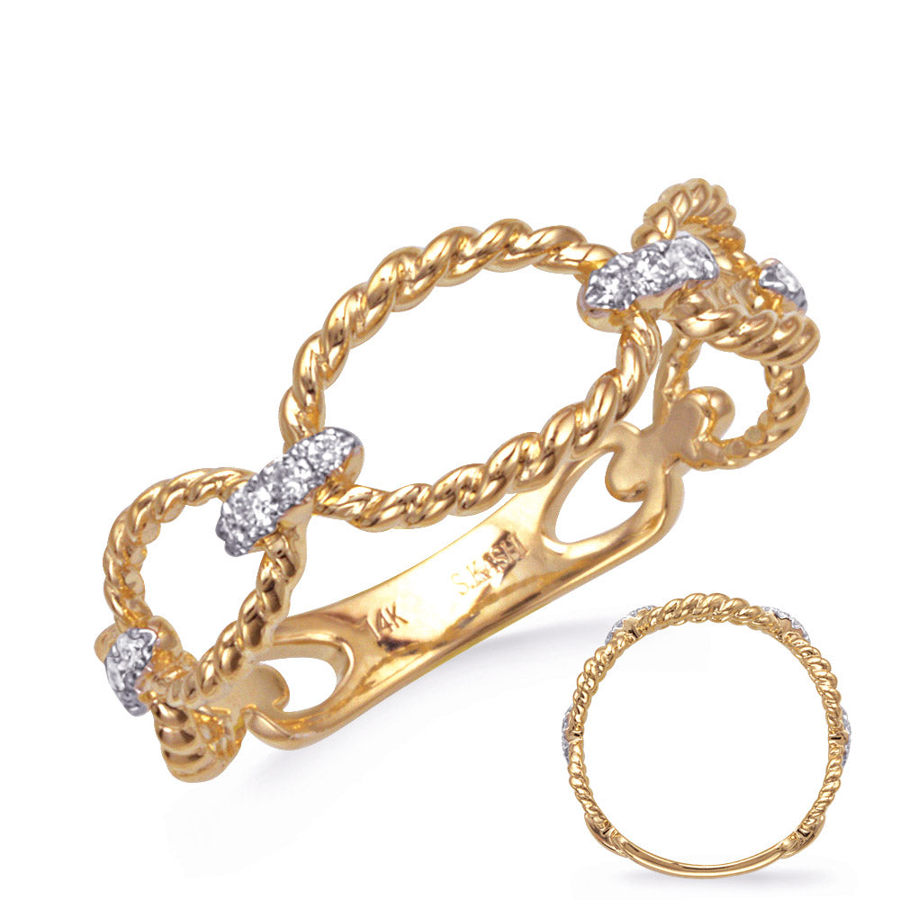 This Fashion Ring is available in 14K Yellow Gold. There are a total of 16 stones. There are Rounds with a total carat weight of 0.09 set in a Micro Prong setting.
