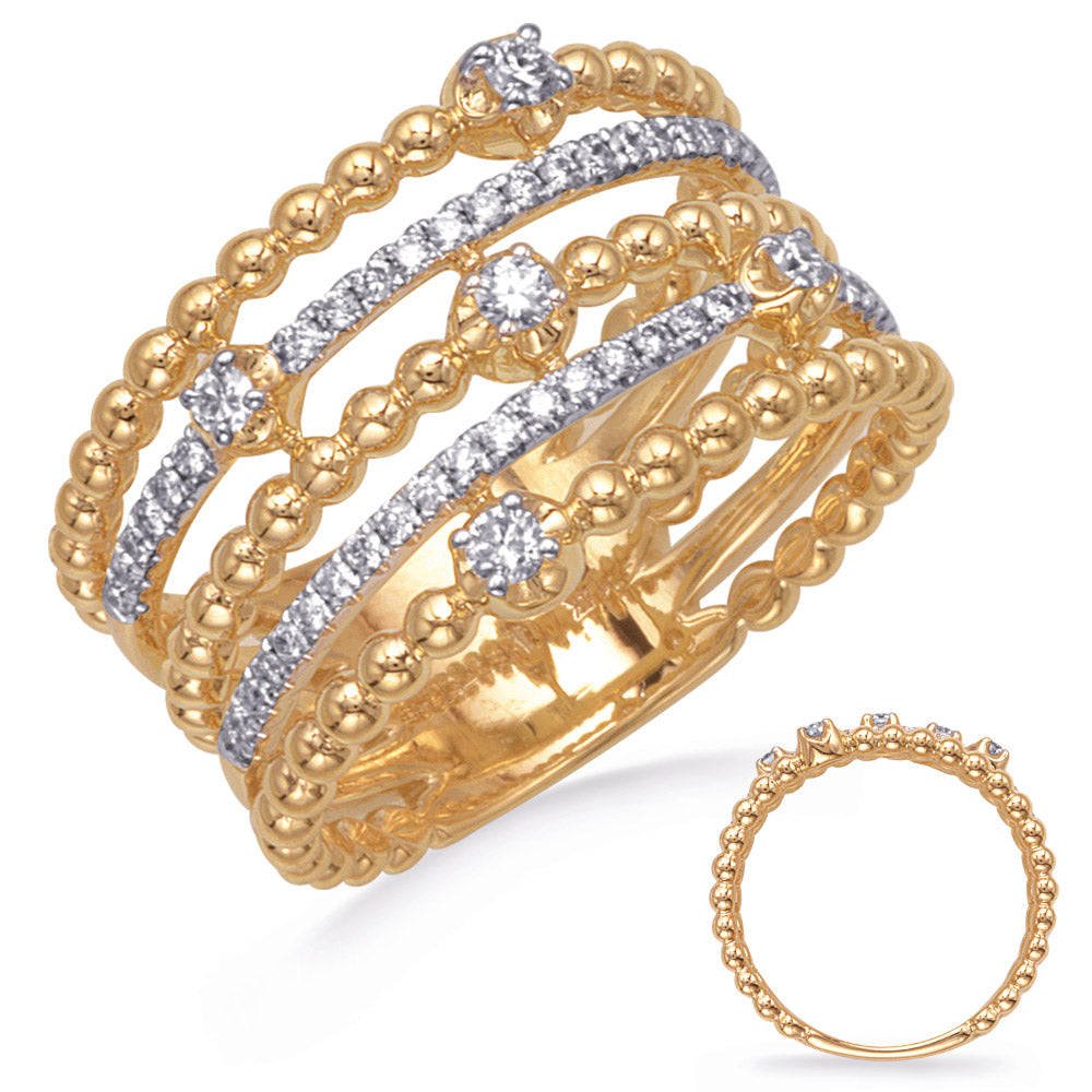 This Fashion Ring is available in 14K Yellow Gold. There are a total of 53 stones. There are Rounds with a total carat weight of 0.38 set in a Micro Prong setting.