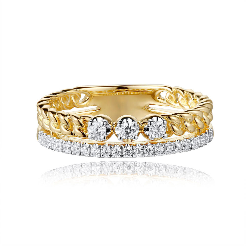 This Fashion Ring is available in 14K Yellow & White Gold. There are a total of 26 stones. There are Rounds with a total carat weight of 0.23 set in a Micro Prong|Prong Set setting.
