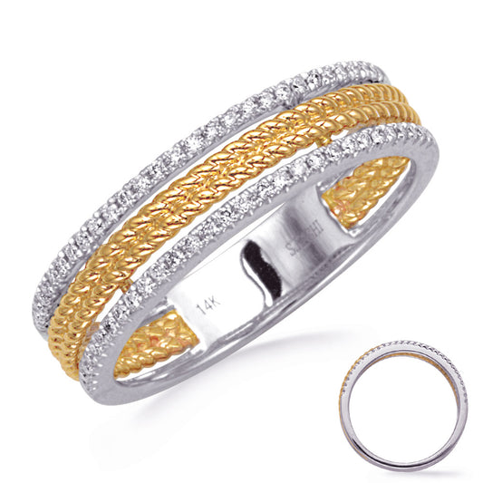 This Fashion Ring is available in 14K Yellow & White Gold. There are a total of 58 stones. There are Rounds with a total carat weight of 0.23 set in a Micro Prong setting.