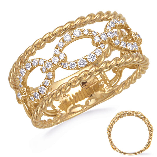 This Fashion Ring is available in 14K Yellow Gold. There are a total of 52 stones. There are Rounds with a total carat weight of 0.34 set in a Prong Set setting.