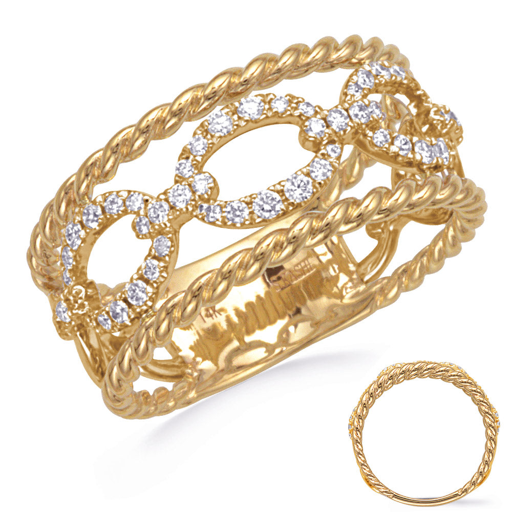 This Fashion Ring is available in 14K Yellow Gold. There are a total of 52 stones. There are Rounds with a total carat weight of 0.34 set in a Prong Set setting.