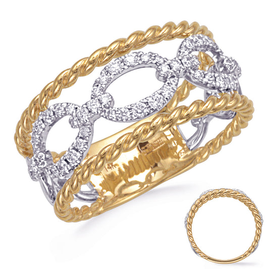 This Fashion Ring is available in 14K Yellow & White Gold. There are a total of 52 stones. There are Rounds with a total carat weight of 0.34 set in a Prong Set setting.