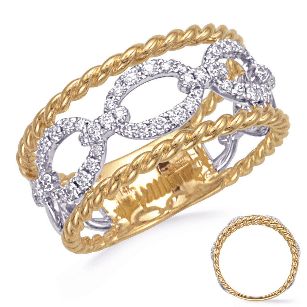 This Fashion Ring is available in 14K Yellow & White Gold. There are a total of 52 stones. There are Rounds with a total carat weight of 0.34 set in a Prong Set setting.