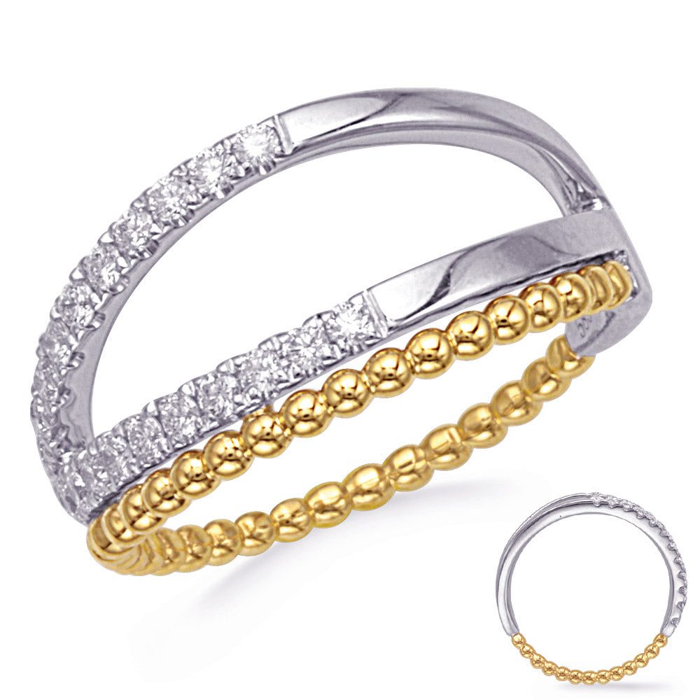 This Fashion Ring is available in 14K Yellow & White Gold. There are a total of 22 stones. There are Rounds with a total carat weight of 0.33 set in a Prong Set setting.