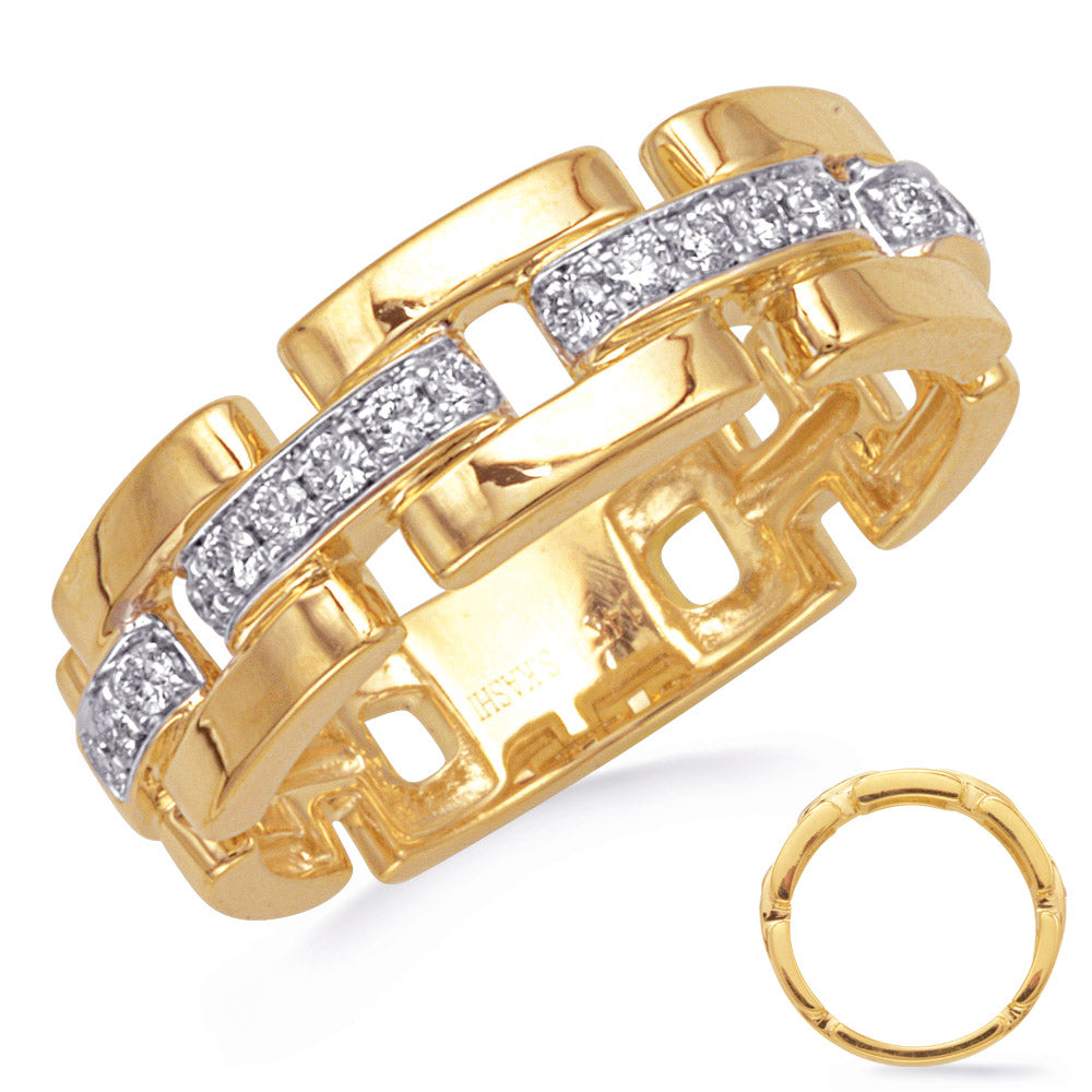 This Fashion Ring is available in 14K Yellow Gold. There are a total of 18 stones. There are Rounds with a total carat weight of 0.21 set in a Prong Set setting.