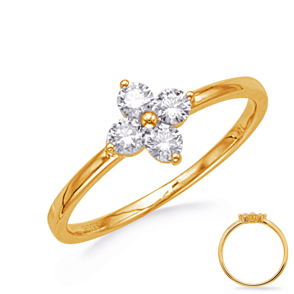 This Fashion Ring is available in 14K Yellow Gold. There are a total of 4 stones. There are Rounds with a total carat weight of 0.41 set in a Prong Set setting.