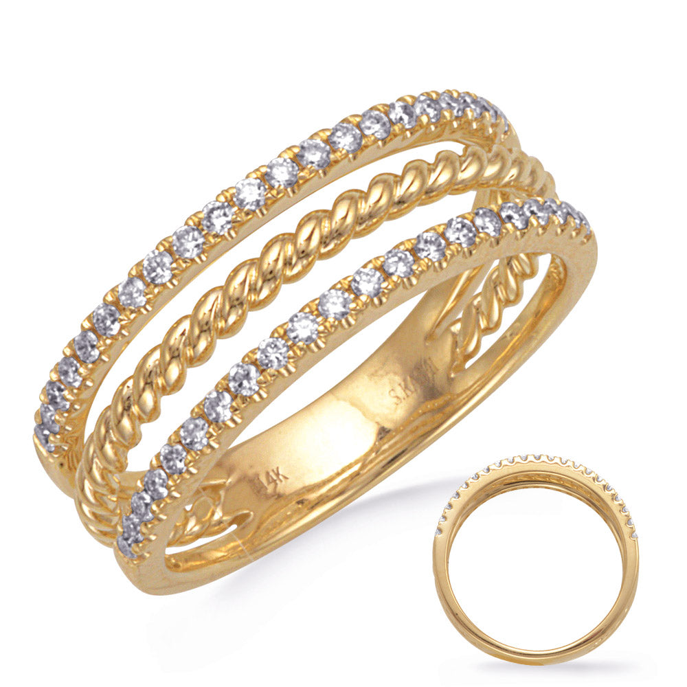 This Fashion Ring is available in 14K Yellow Gold. There are a total of 42 stones. There are Rounds with a total carat weight of 0.33 set in a Micro Prong setting.
