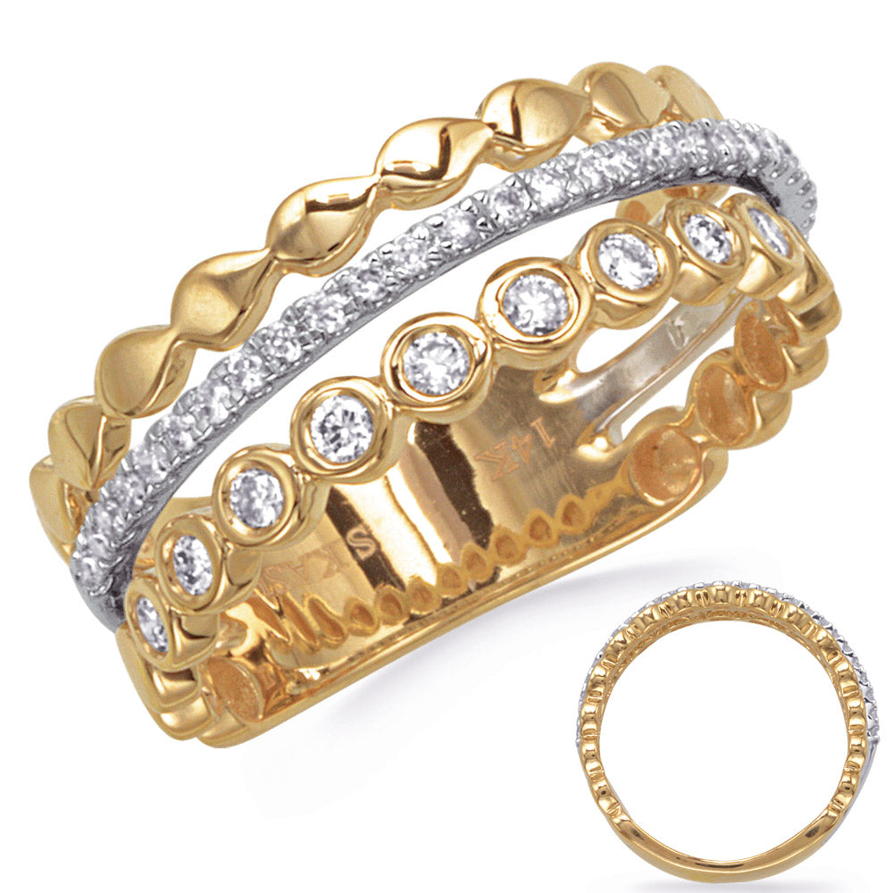 This Fashion Ring is available in 14K Yellow & White Gold. There are a total of 38 stones. There are Rounds with a total carat weight of 0.34 set in a Bezel Set|Micro Prong setting.