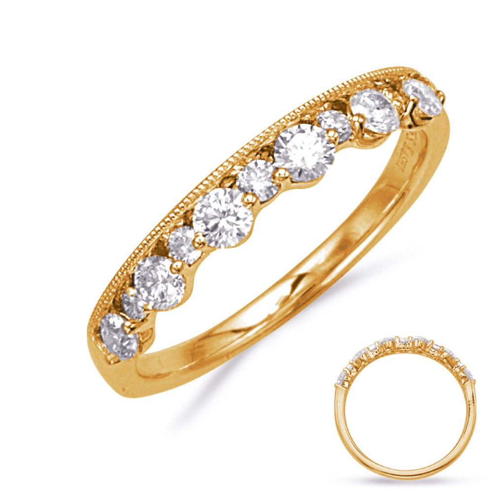 This Fashion Ring is available in 14K Yellow Gold. There are a total of 11 stones. There are Rounds with a total carat weight of 0.53 set in a Channel Set|Micro Prong|Shared Prongs setting.