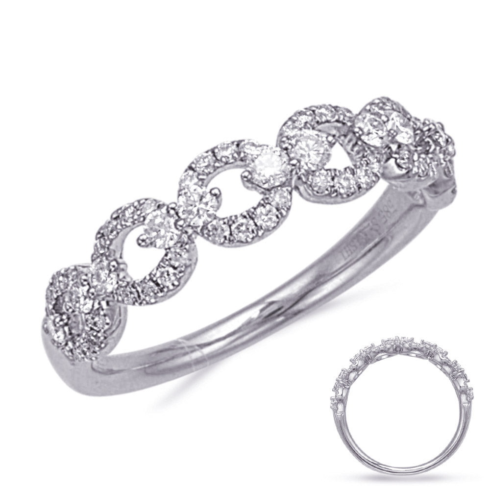 This Fashion Ring is available in 14K White Gold. There are a total of 60 stones. There are Rounds with a total carat weight of 0.44 set in a Micro Prong|Prong Set|Shared Prongs setting.