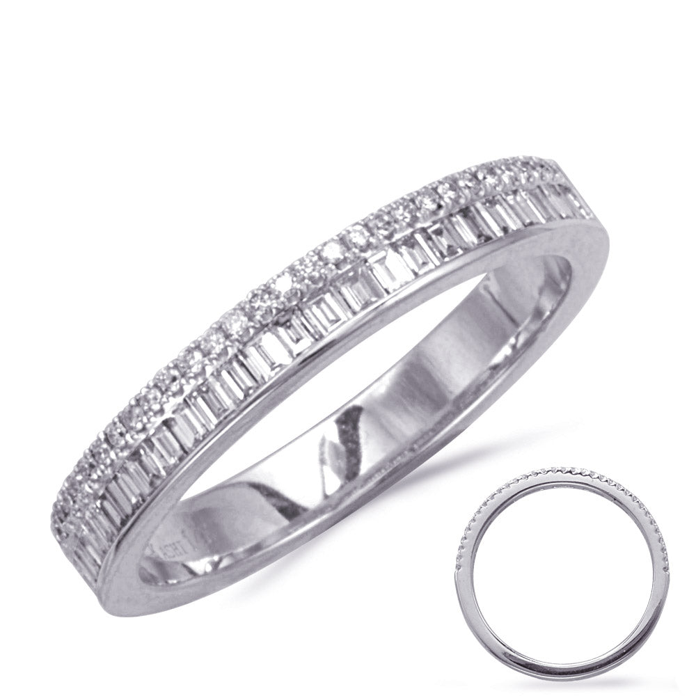 This Fashion Ring is available in 14K White Gold. There are a total of 60 stones. There are Baguette with a total carat weight of 0.26 set in a Channel Set|Micro Prong setting.There are Rounds stones with a total carat weight of 0.1 set in a Channel Set|Micro Prong.