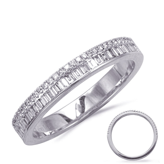 This Fashion Ring is available in 14K White Gold. There are a total of 60 stones. There are Baguette with a total carat weight of 0.26 set in a Channel Set|Micro Prong setting.There are Rounds stones with a total carat weight of 0.1 set in a Channel Set|Micro Prong.