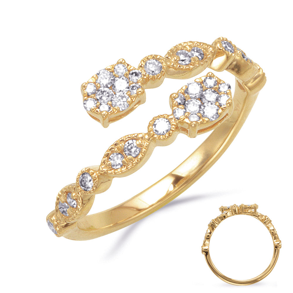 This Fashion Ring is available in 14K Yellow Gold. There are a total of 34 stones. There are Rounds with a total carat weight of 0.35 set in a Micro Prong setting.