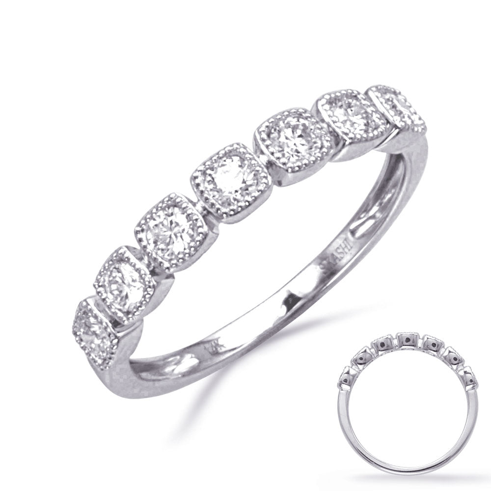 This Fashion Ring is available in 14K White Gold. There are a total of 7 stones. There are Rounds with a total carat weight of 0.45 set in a Micro Prong setting.
