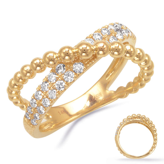 This Fashion Ring is available in 14K Yellow Gold. There are a total of 30 stones. There are Rounds with a total carat weight of 0.42 set in a Prong Set setting.