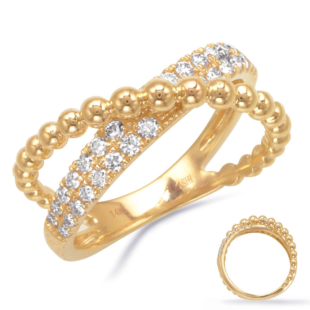 This Fashion Ring is available in 14K Yellow Gold. There are a total of 30 stones. There are Rounds with a total carat weight of 0.42 set in a Prong Set setting.
