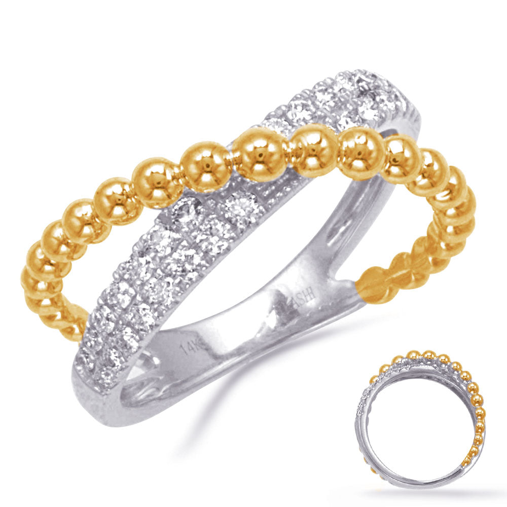 This Fashion Ring is available in 14K Yellow & White Gold. There are a total of 30 stones. There are Rounds with a total carat weight of 0.42 set in a Prong Set setting.