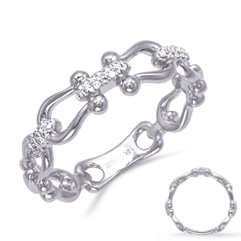 This Fashion Ring is available in 14K White Gold. There are a total of 30 stones. There are Rounds with a total carat weight of 0.09 set in a Prong Set setting.