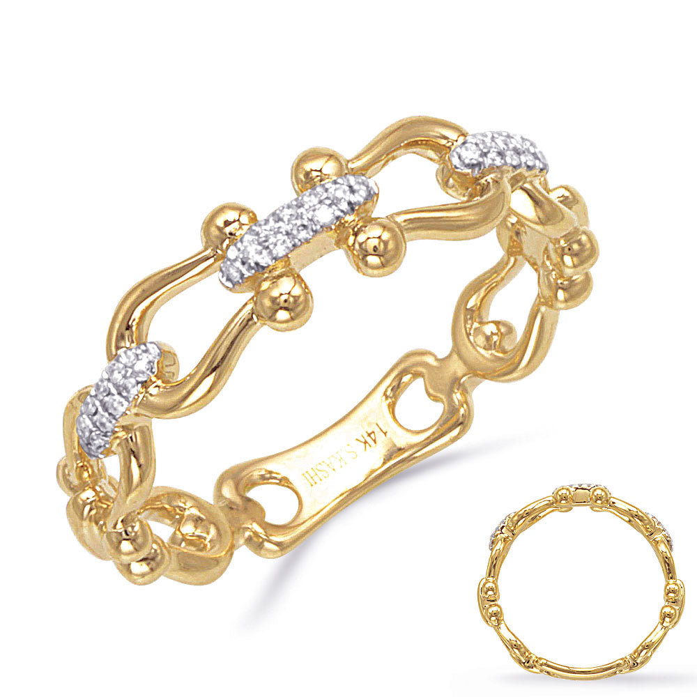 This Fashion Ring is available in 14K Yellow Gold. There are a total of 30 stones. There are Rounds with a total carat weight of 0.09 set in a Prong Set setting.