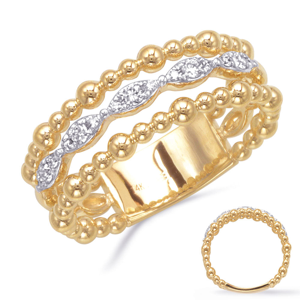 This Fashion Ring is available in 14K Yellow Gold. There are a total of 15 stones. There are Rounds with a total carat weight of 0.18 set in a Micro Prong setting.