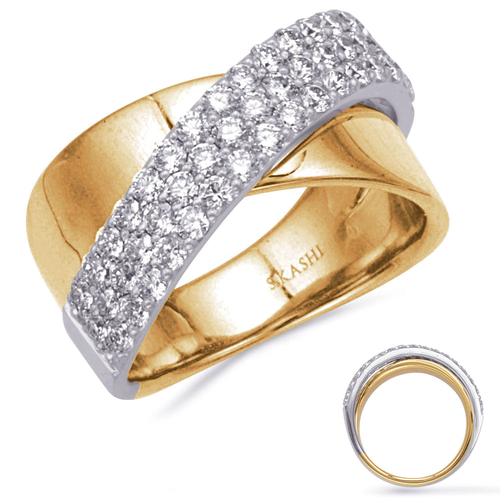 This Fashion Ring is available in 14K Yellow & White Gold. There are a total of 49 stones. There are Rounds with a total carat weight of 1.11 set in a Micro Prong setting.
