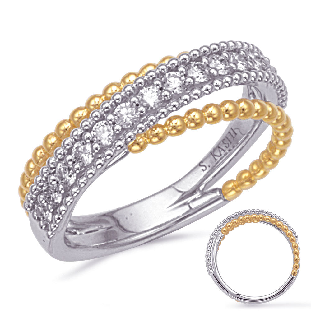 This Fashion Ring is available in 14K Yellow & White Gold. There are a total of 15 stones. There are Rounds with a total carat weight of 0.37 set in a Micro Prong|Prong Set setting.