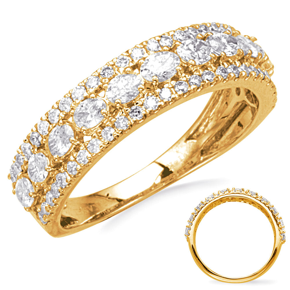This Fashion Ring is available in 14K Yellow Gold. There are a total of 63 stones. There are Oval with a total carat weight of 0.6 set in a Micro Prong|Prong Set setting.There are Rounds stones with a total carat weight of 0.32 set in a Micro Prong|Prong Set.