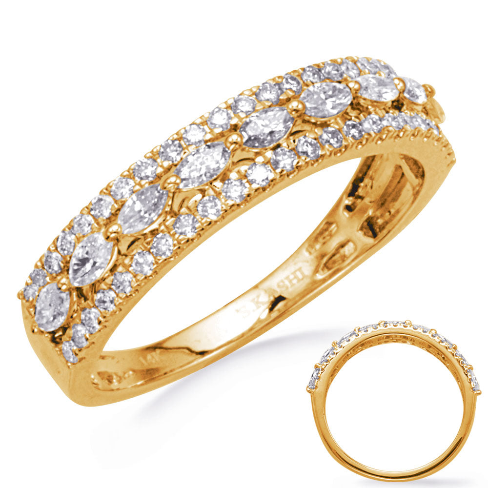 This Fashion Ring is available in 14K Yellow Gold. There are a total of 55 stones. There are Marquise with a total carat weight of 0.35 set in a Micro Prong|Prong Set setting.There are Rounds stones with a total carat weight of 0.27 set in a Micro Prong|Prong Set.