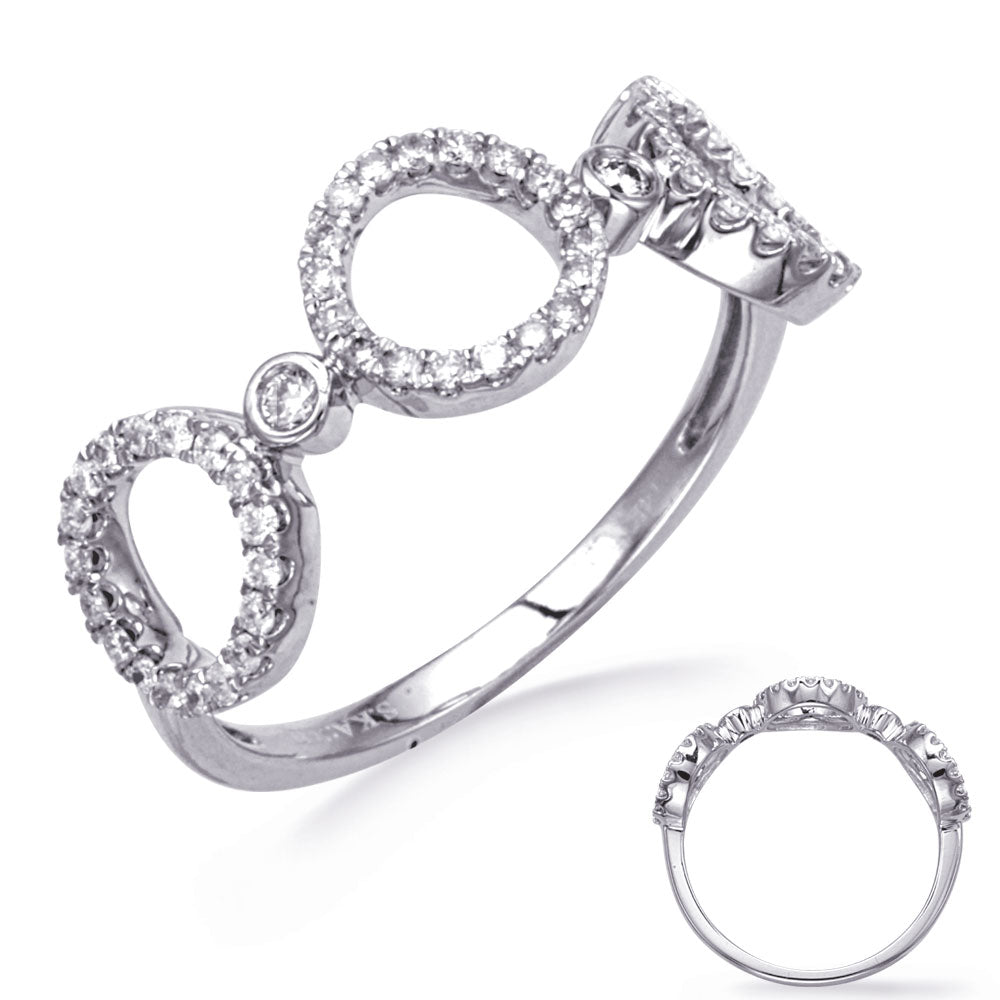 This Fashion Ring is available in 14K White Gold. There are a total of 56 stones. There are Rounds with a total carat weight of 0.3 set in a Bezel Set|Micro Prong setting.