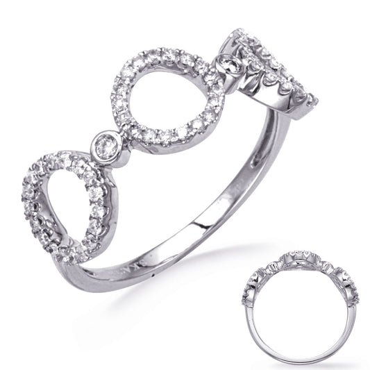 This Fashion Ring is available in 14K White Gold. There are a total of 56 stones. There are Rounds with a total carat weight of 0.3 set in a Bezel Set|Micro Prong setting.