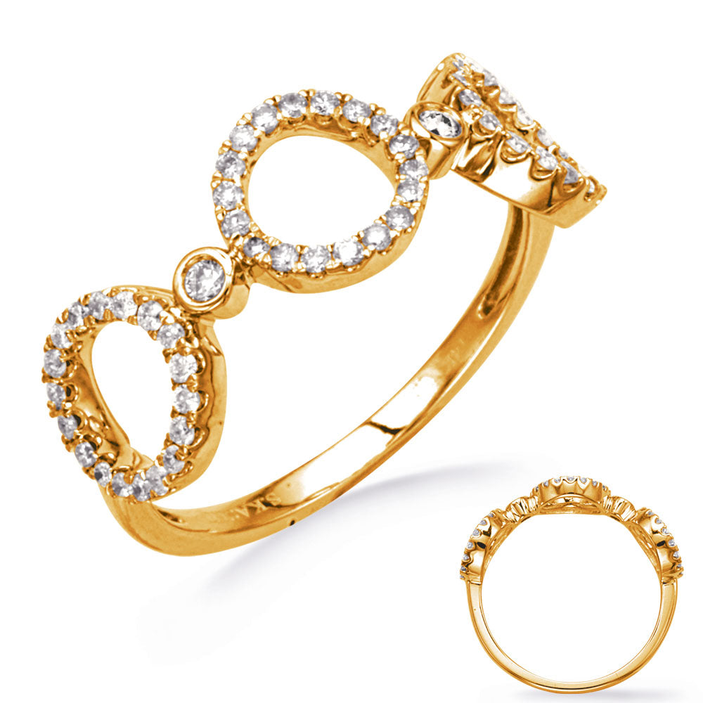 This Fashion Ring is available in 14K Yellow Gold. There are a total of 56 stones. There are Rounds with a total carat weight of 0.3 set in a Bezel Set|Micro Prong setting.