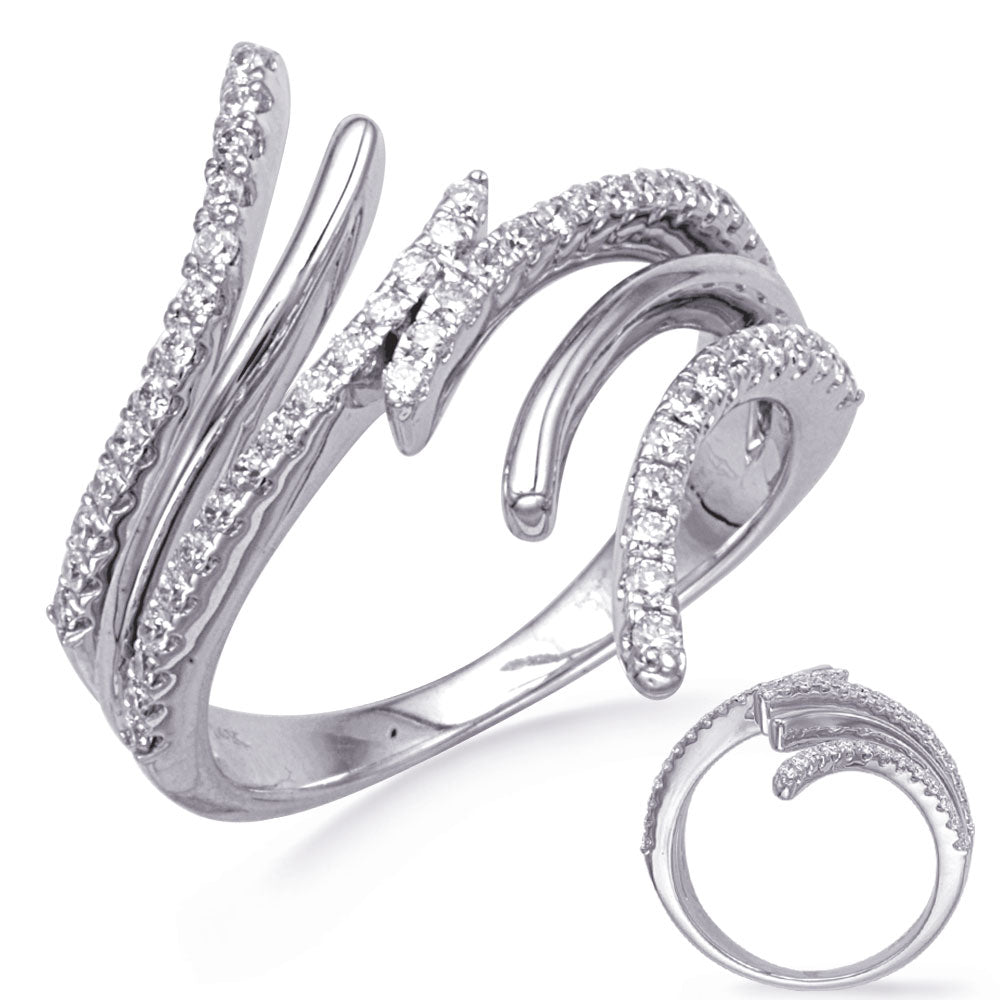 This Fashion Ring is available in 14K White Gold. There are a total of 56 stones. There are Rounds with a total carat weight of 0.5 set in a Micro Prong|Prong Set setting.