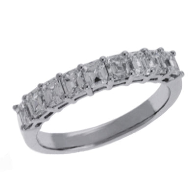 This Band is available in 14K White Gold. There are a total of 9 stones. There are Emerald Cut with a total carat weight of 1.7 set in a  setting.