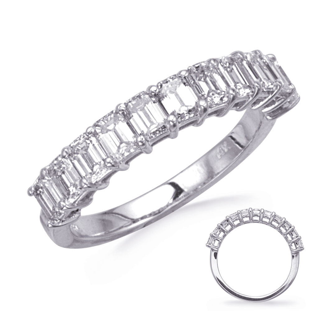 This Band is available in 14K White Gold. There are a total of 11 stones. There are Emerald Cut with a total carat weight of 1.65 set in a  setting.