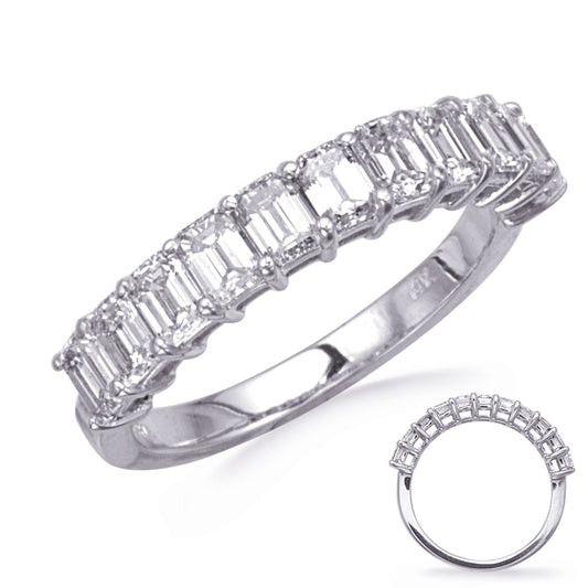 This Band is available in 14K White Gold. There are a total of 11 stones. There are Emerald Cut with a total carat weight of 1.65 set in a  setting.