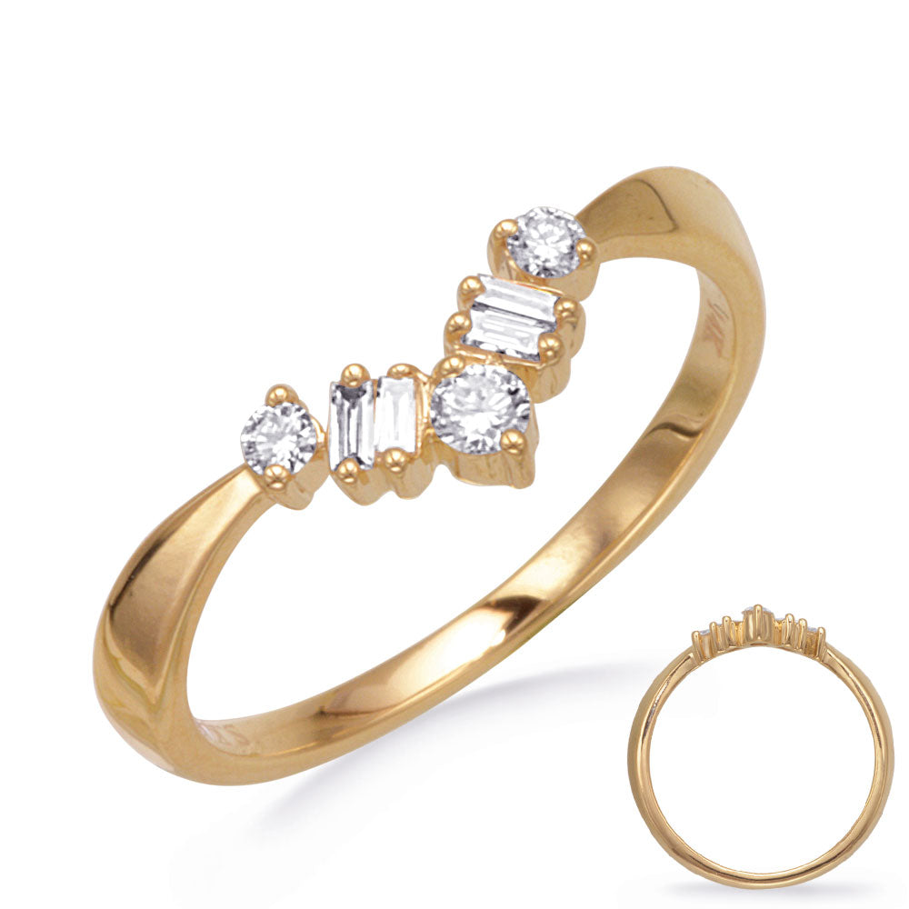 This Fashion Ring is available in 14K Yellow Gold. There are a total of 7 stones. There are Baguette with a total carat weight of 0.07 set in a Prong Set setting.There are Rounds stones with a total carat weight of 0.12 set in a Prong Set.