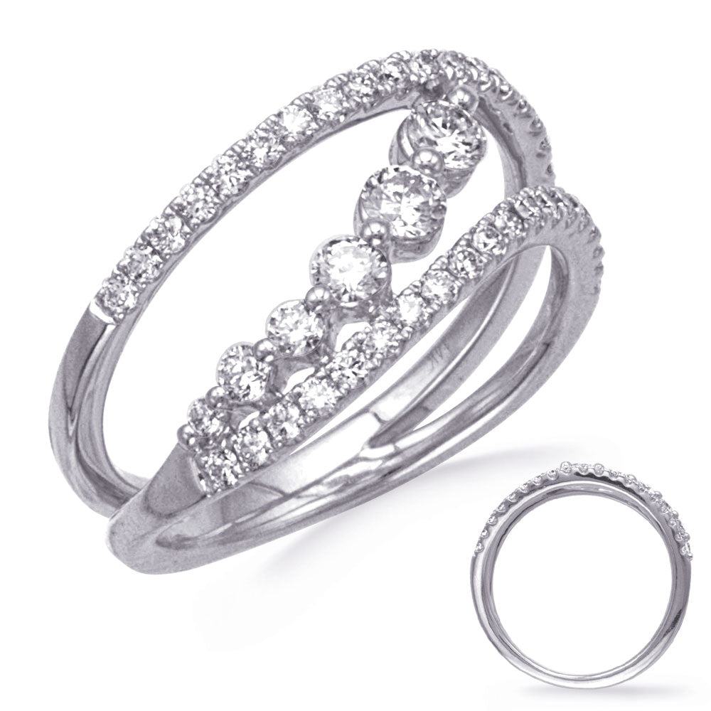This Fashion Ring is available in 14K White Gold. There are a total of 44 stones. There are Rounds with a total carat weight of 0.69 set in a Prong Set setting.