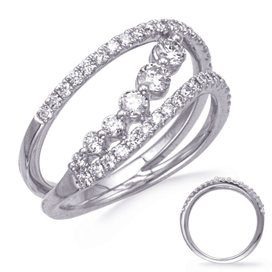 This Fashion Ring is available in 14K White Gold. There are a total of 44 stones. There are Rounds with a total carat weight of 0.69 set in a Prong Set setting.