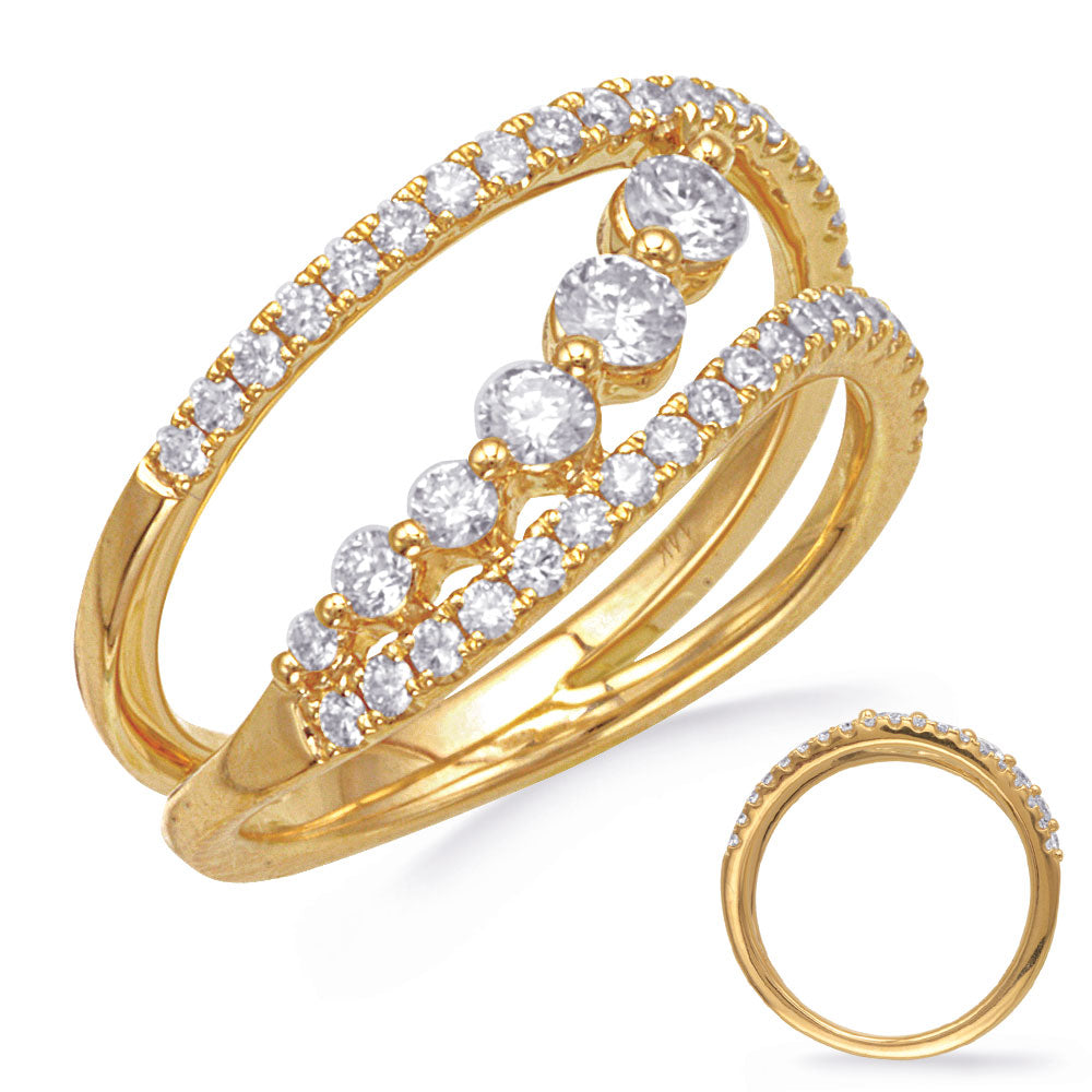 This Fashion Ring is available in 14K Yellow Gold. There are a total of 44 stones. There are Rounds with a total carat weight of 0.69 set in a Prong Set setting.