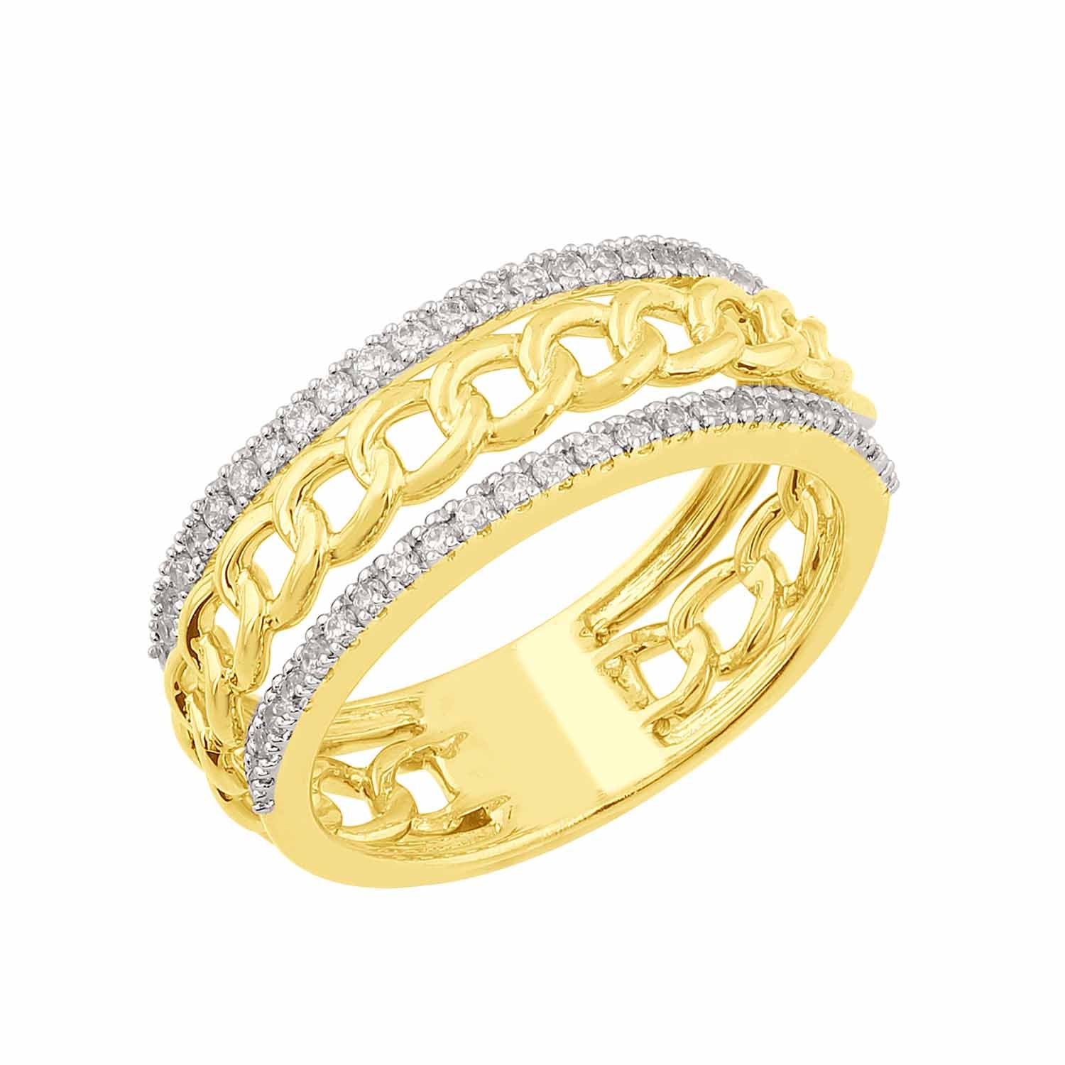 This Fashion Ring is available in 14K Yellow Gold. There are a total of 50 stones. There are Rounds with a total carat weight of 0.34 set in a  setting.