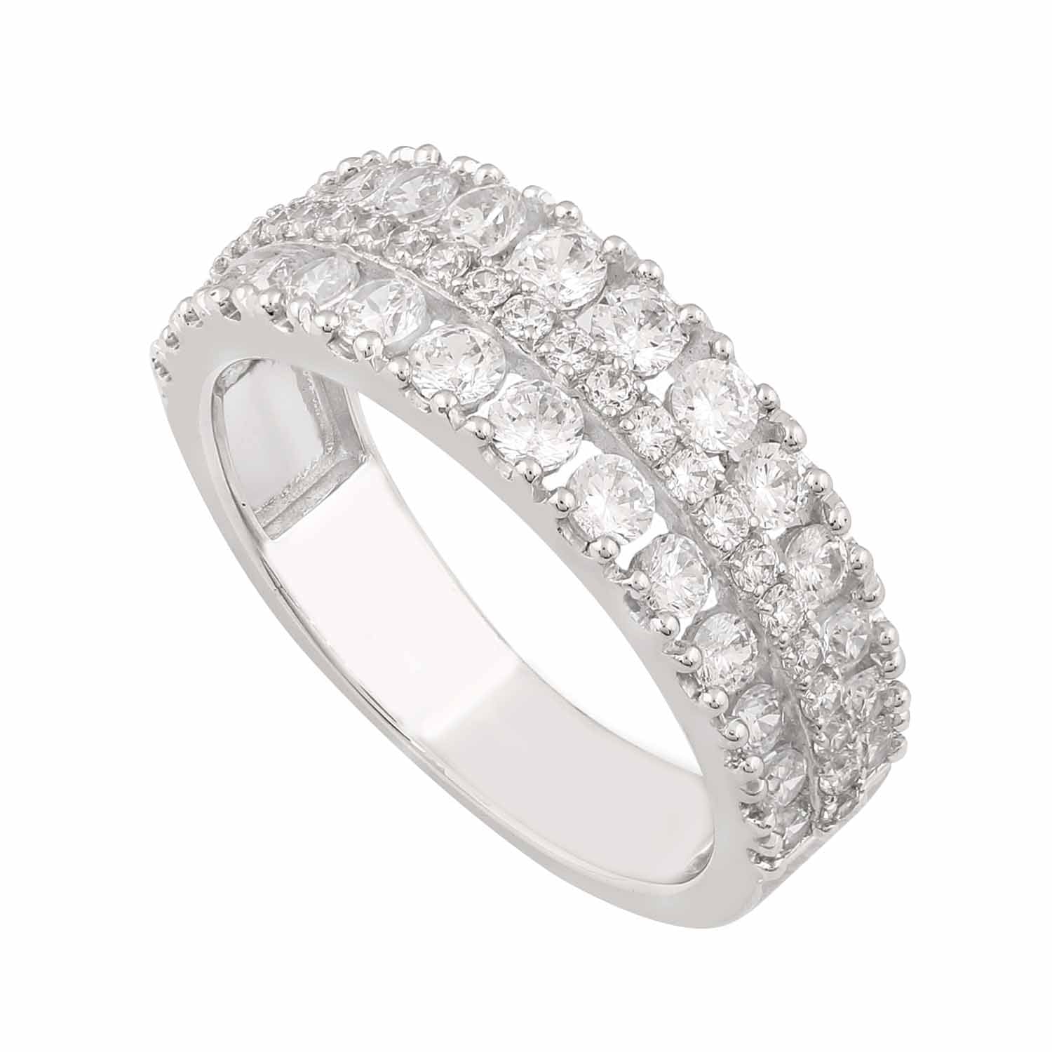 This Fashion Ring is available in 14K White Gold. There are a total of 52 stones. There are Rounds with a total carat weight of 1.36 set in a Prong Set setting.